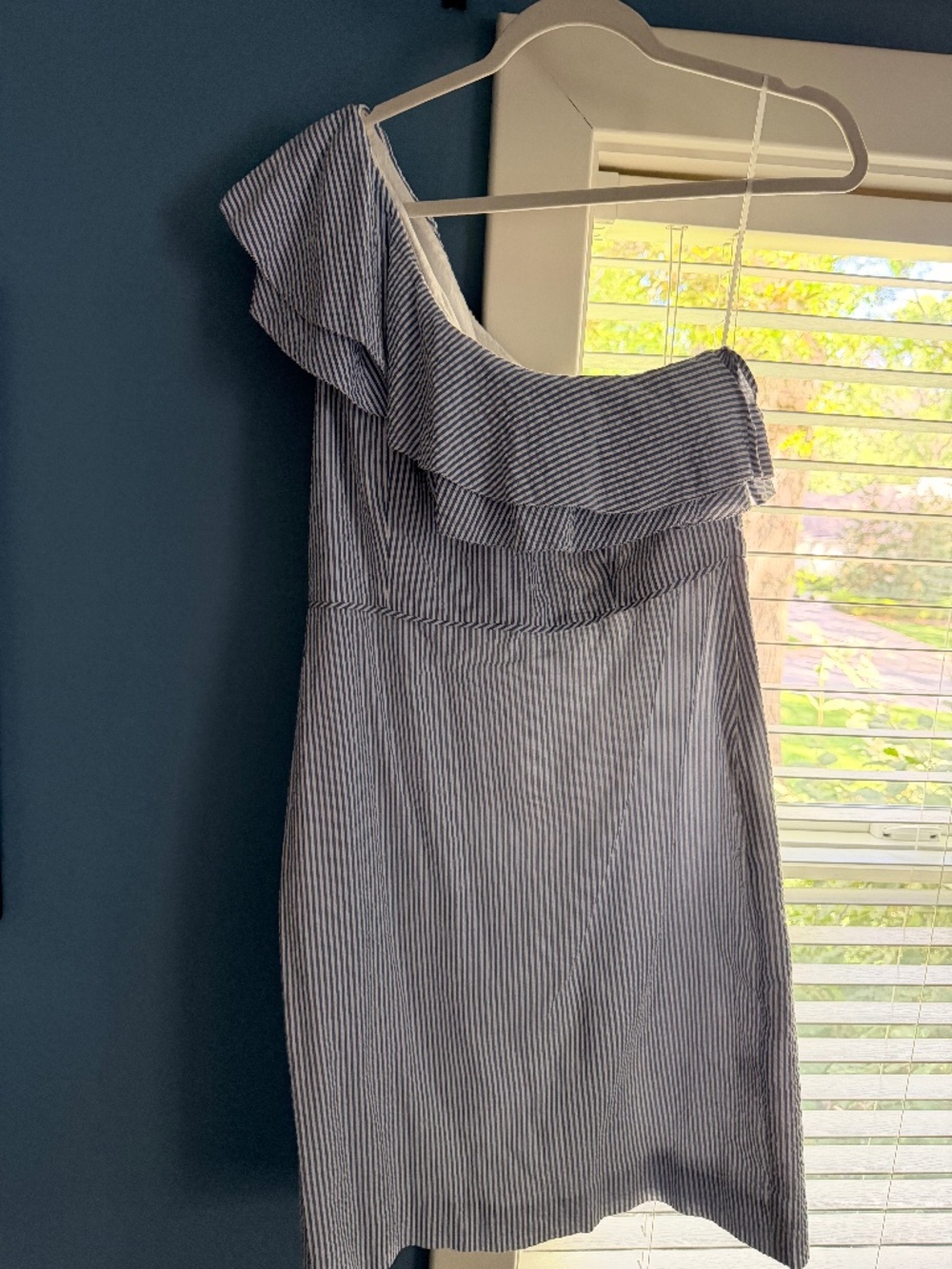 Off the shoulder blue and white dress